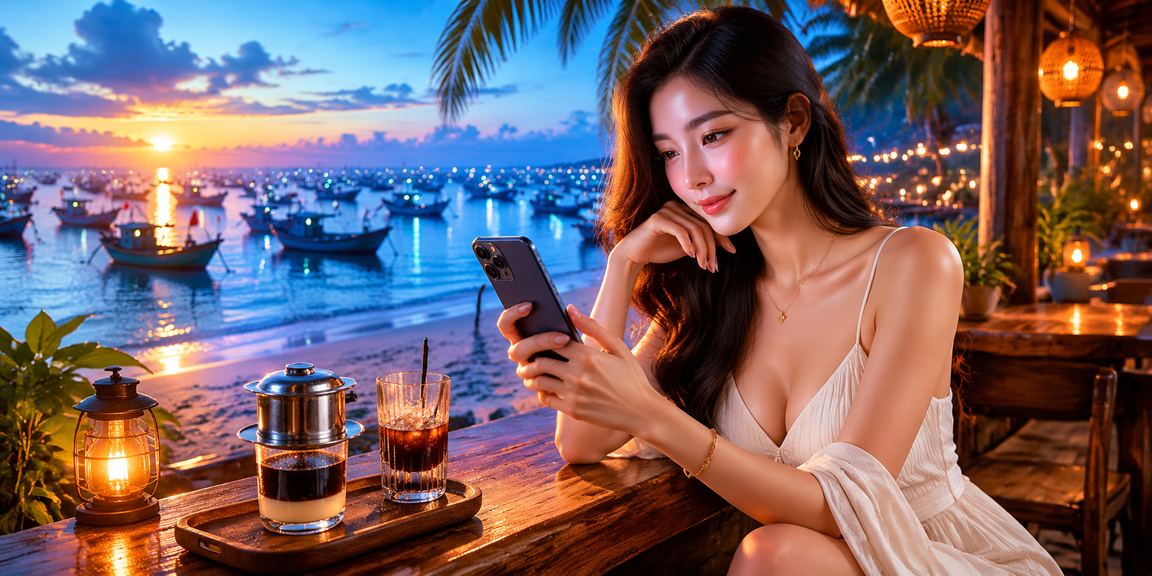 Người dùng Việt Nam xem tỷ lệ cá cược thể thao trên điện thoại bên ly cà phê tại Mũi Né